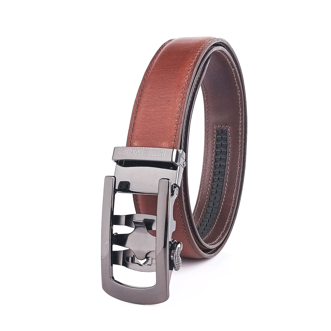 Hemener Men Metal Auto Grip Buckle Brown Genuine Leather Belt