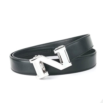 Hemener Men N Letter Metal Buckle Black Genuine Leather Belt