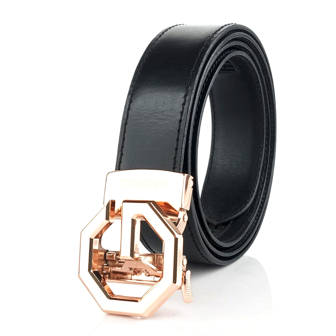 Hemener Men G Letter Metal Buckle Black Genuine Leather Belt