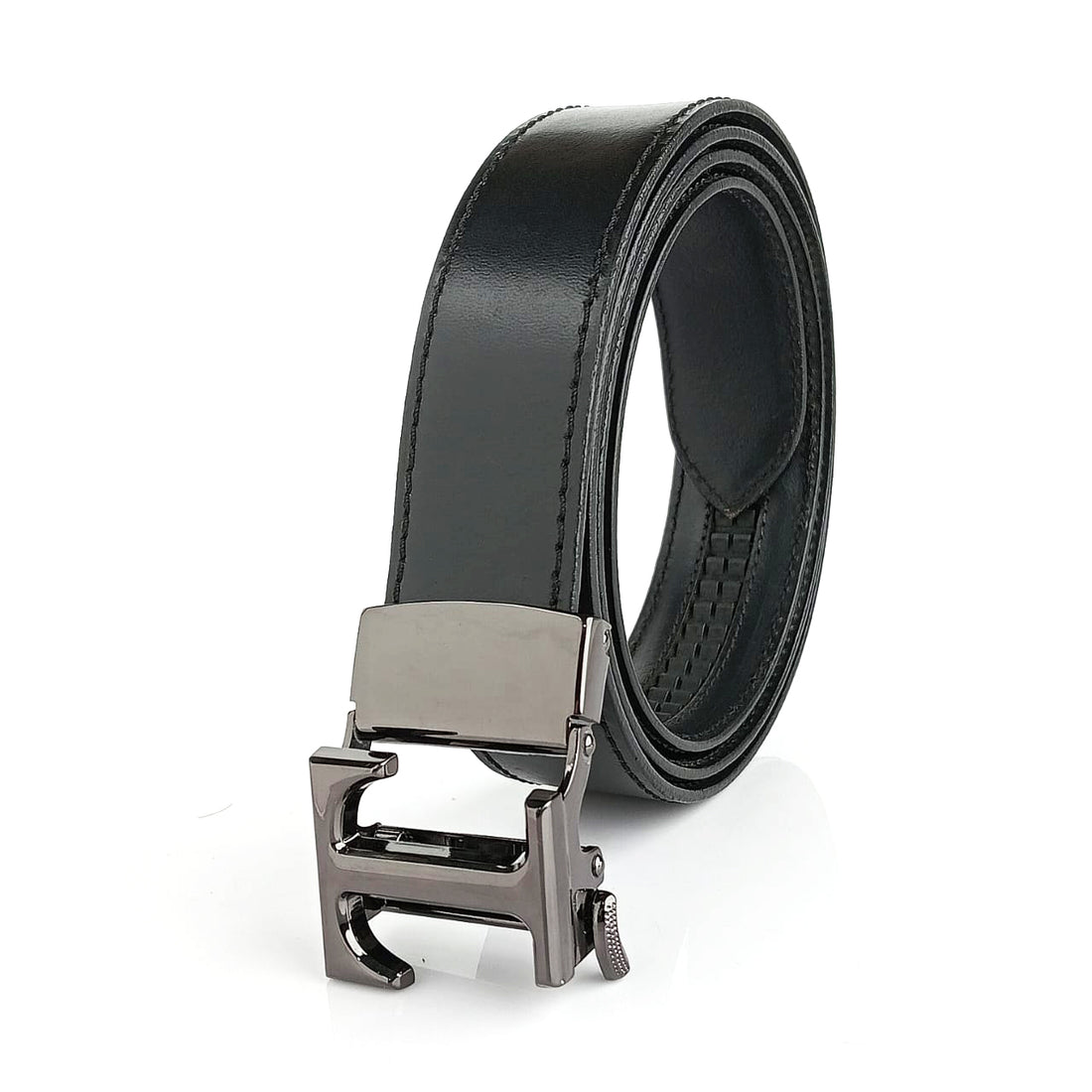 Hemener Men T Letter Metal Buckle Black Genuine Leather Belt