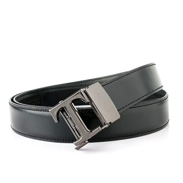 Hemener Men T Letter Metal Buckle Black Genuine Leather Belt