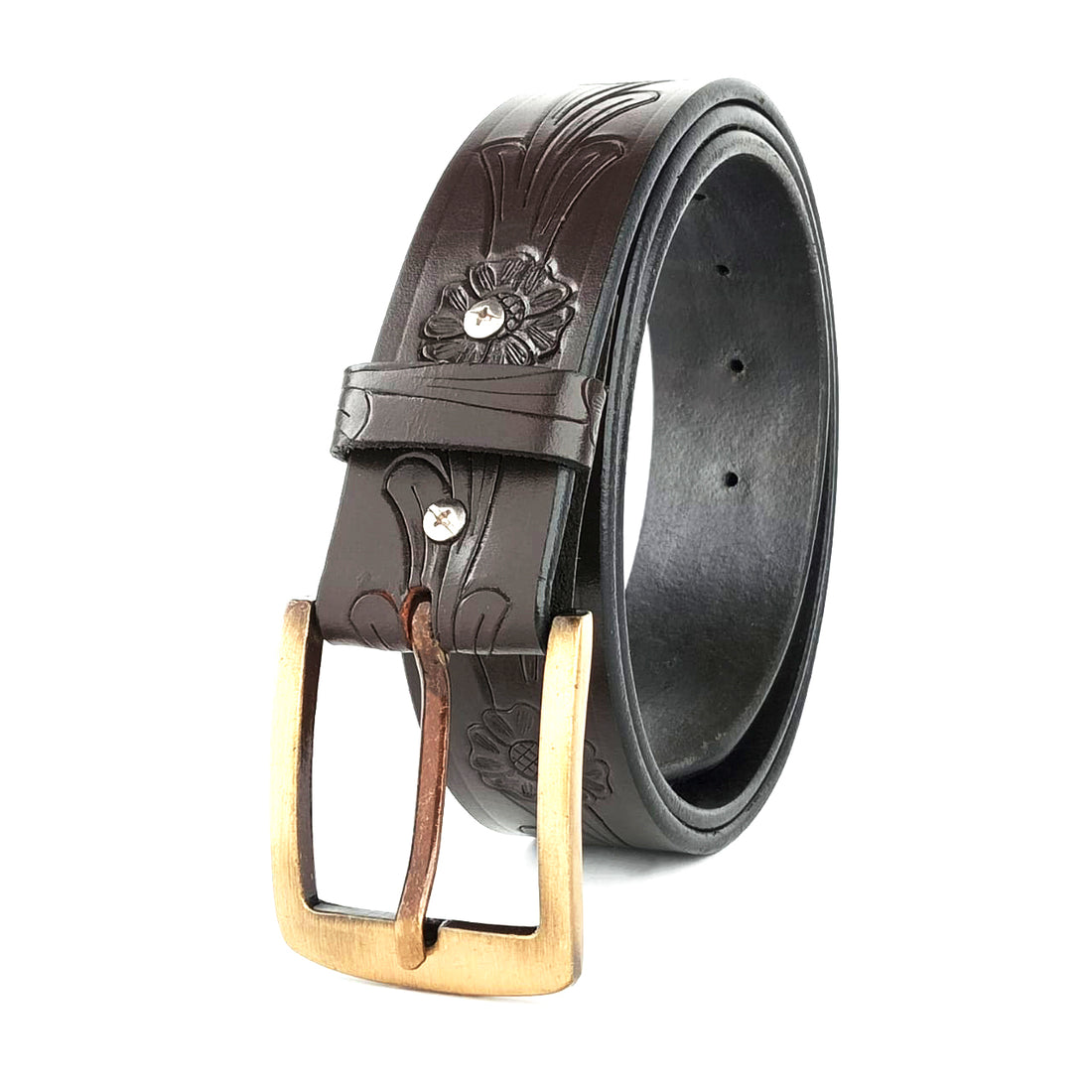 Hemener Men Metal Buckle Dark Brown Genuine Leather Belt