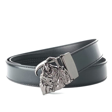 Hemener Men Glossy Finish Metal Buckle Black Genuine Leather Belt