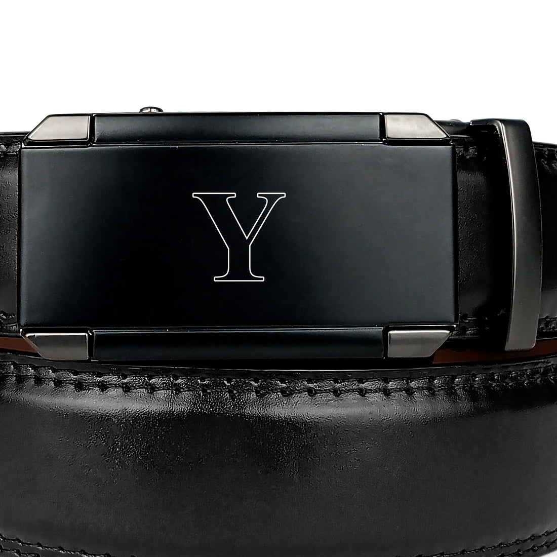 Hemener Men Y Letter Metal Auto Grip Buckle Black Texas Leather Belt