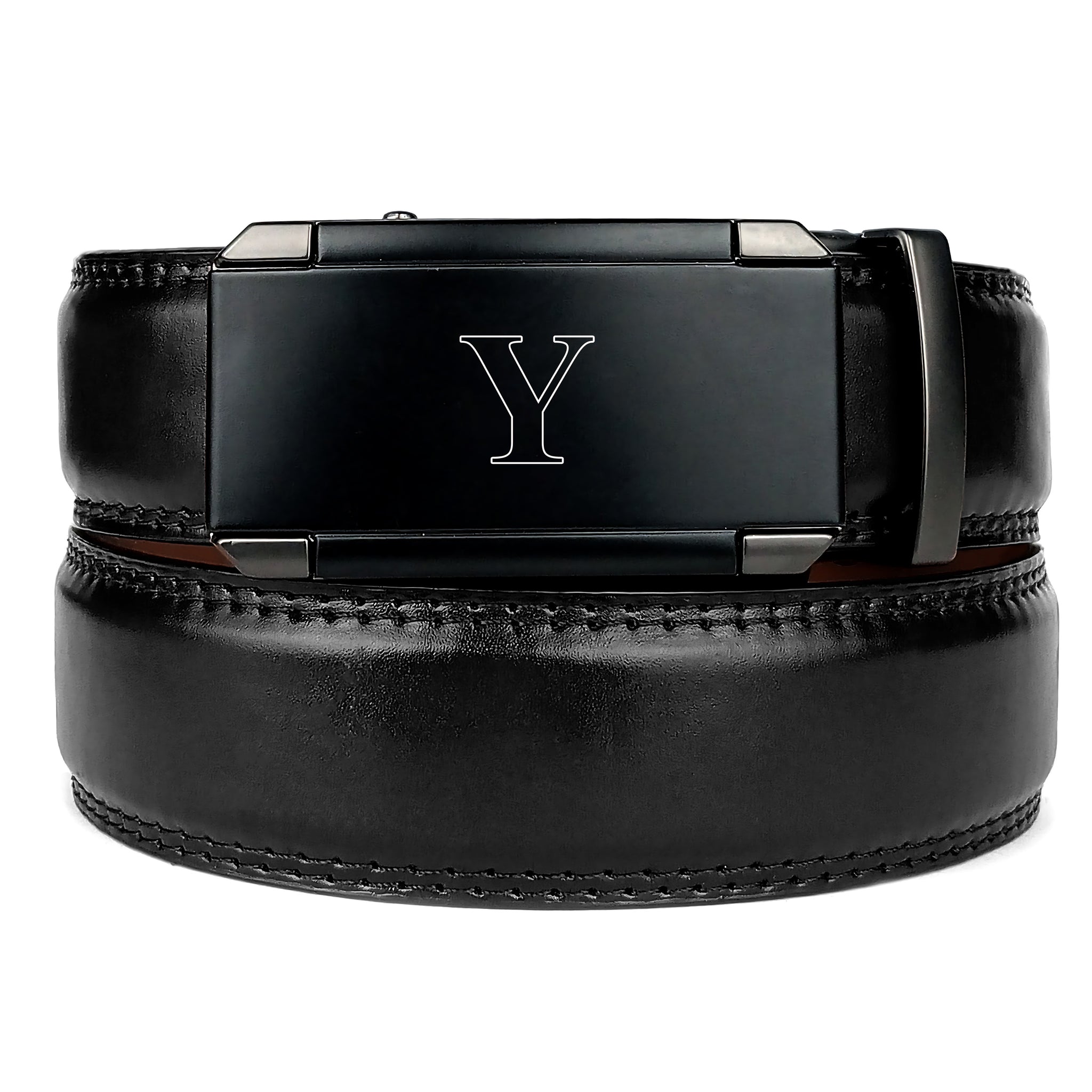 Hemener Men Y Letter Metal Auto Grip Buckle Black Texas Leather Belt