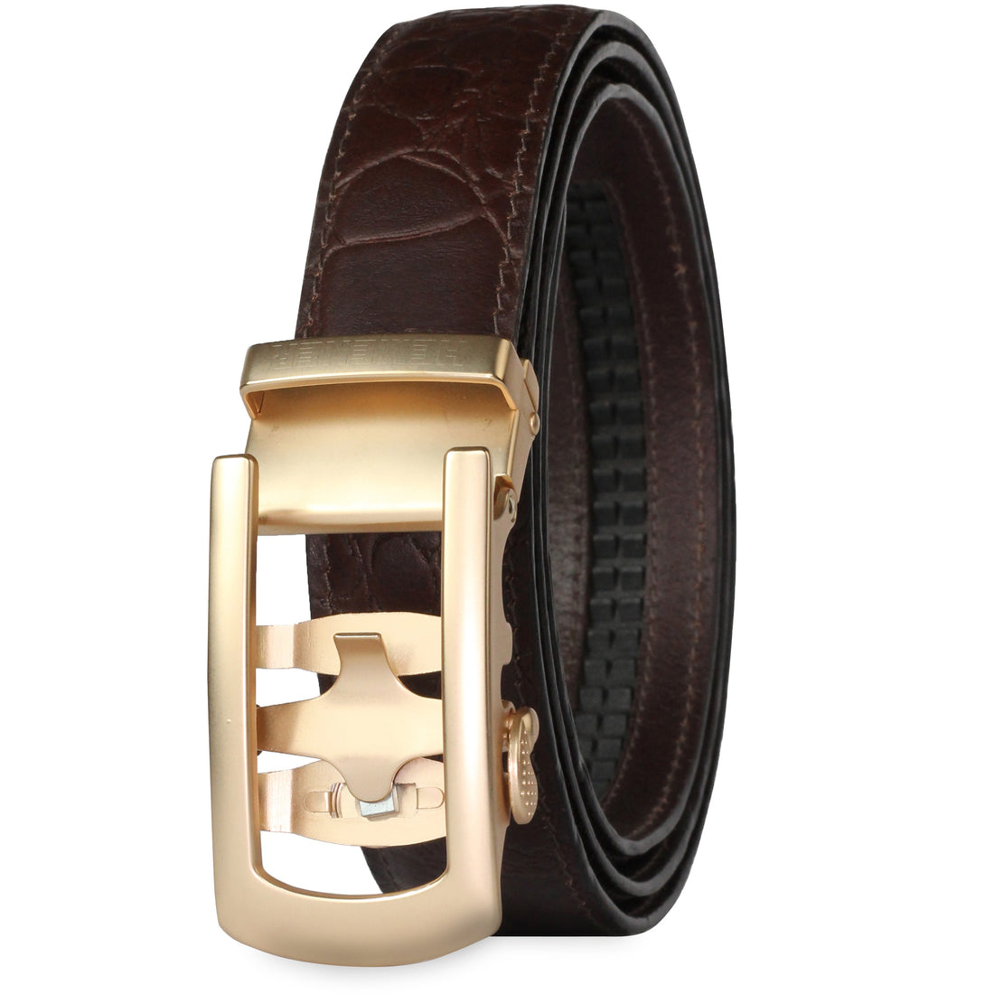 Hemener Men Metal Auto Grip Buckle Brown Croc Pattern Genuine Leather Belt