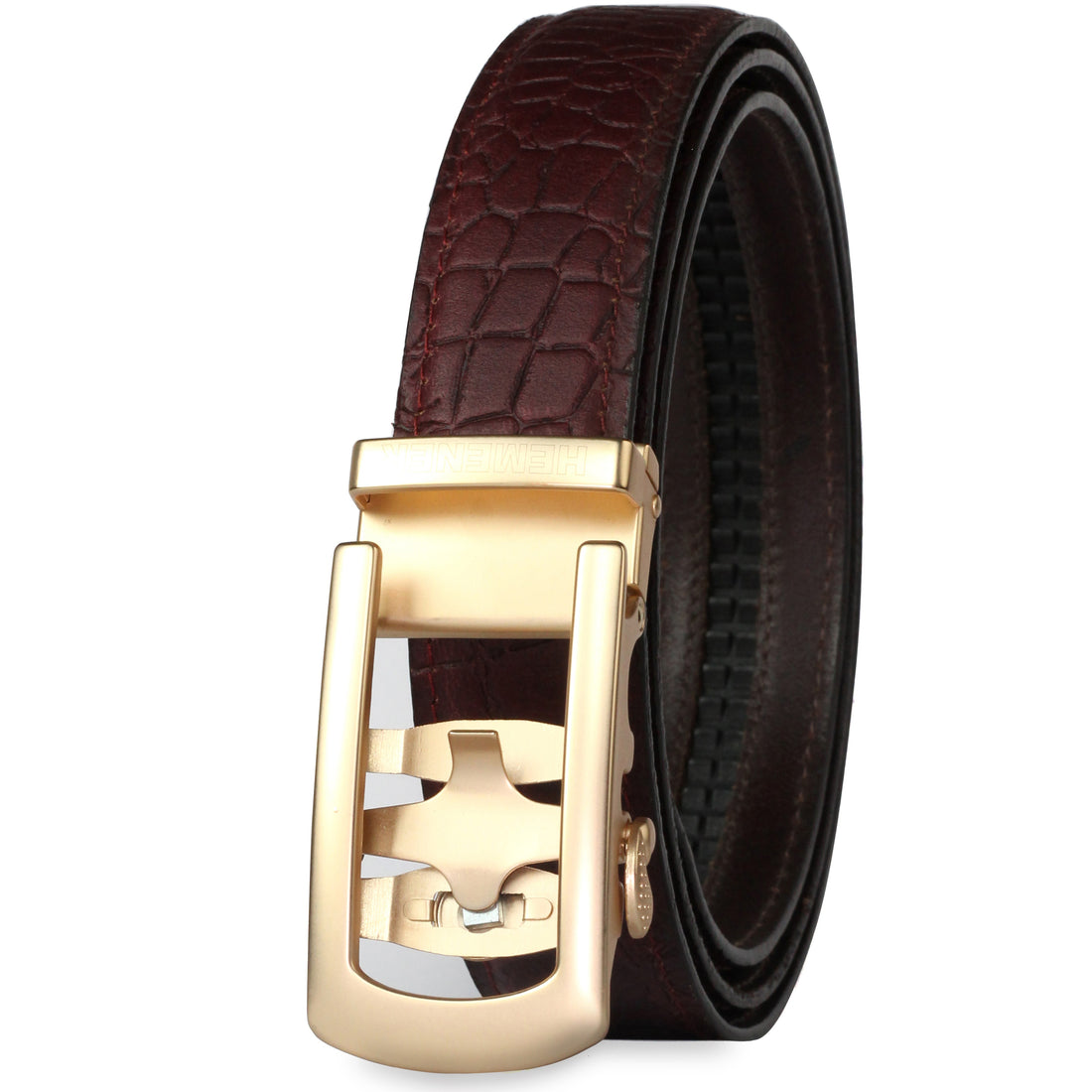 Hemener Men Metal Auto Grip Buckle Cherry Brown Croc Pattern Genuine Leather Belt