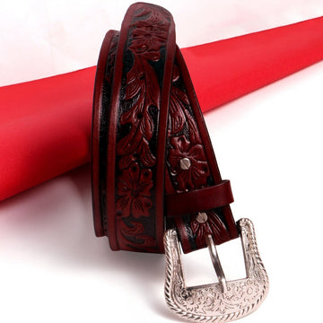 Hemener Men Engraved Metal Buckle Dark Brown Genuine Leather Belt