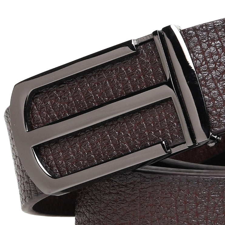 Hemener Men Glossy Metal Pin Hole Buckle Dark Brown Vegan Leather Belt