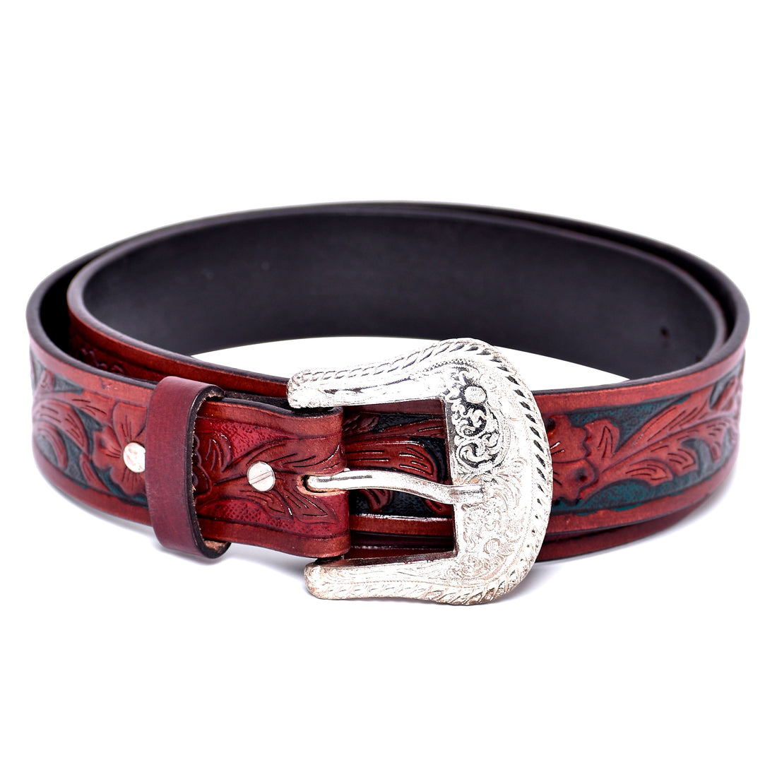 Hemener Men Engraved Metal Buckle Dark Brown Genuine Leather Belt