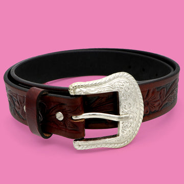 Hemener Men Engraved Metal Buckle Dark Brown Genuine Leather Belt