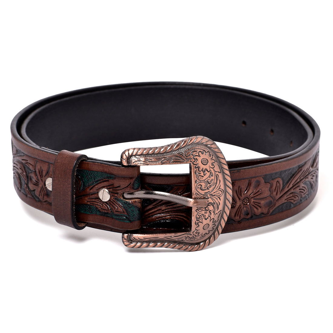 Hemener Men Engraved Metal Buckle Dark Brown Genuine Leather Belt
