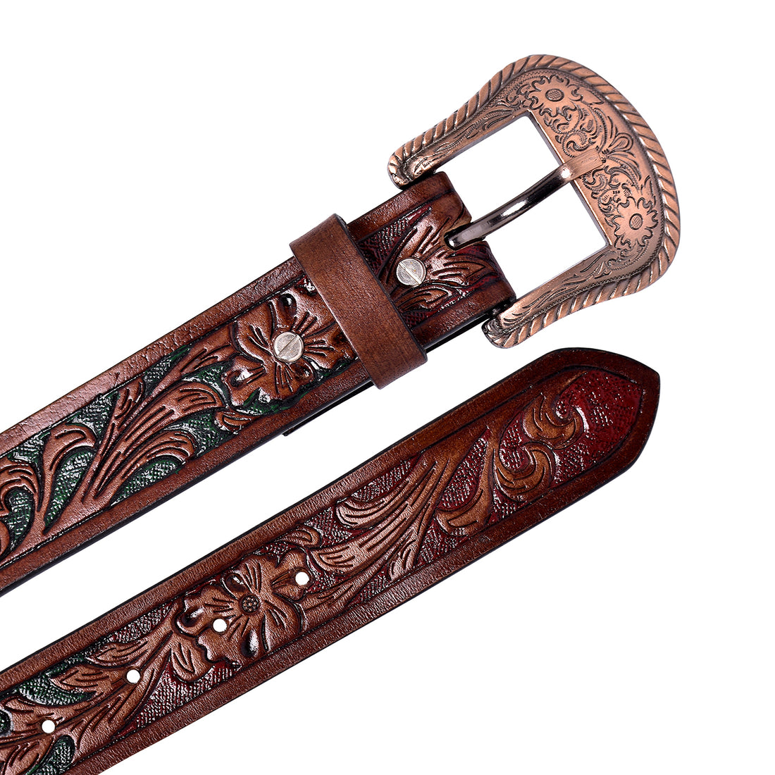 Hemener Men Engraved Metal Buckle Dark Brown Genuine Leather Belt