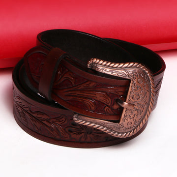 Hemener Men Engraved Metal Buckle Dark Brown Genuine Leather Belt