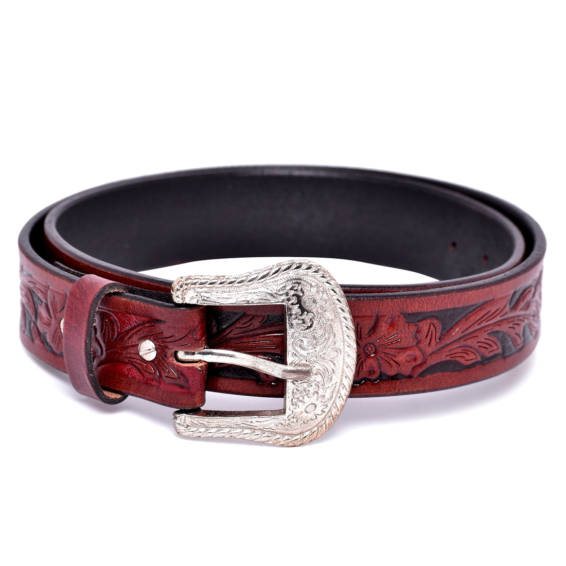 Hemener Men Engraved Metal Buckle Dark Brown Genuine Leather Belt