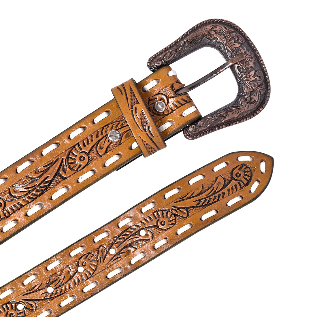 Hemener Men Engraved Metal Buckle Tan Genuine Leather Belt