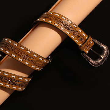 Hemener Men Engraved Metal Buckle Tan Genuine Leather Belt