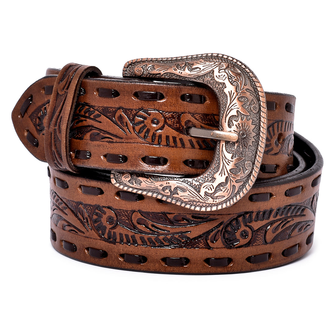 Hemener Men Engraved Metal Buckle Dark Brown Genuine Leather Belt