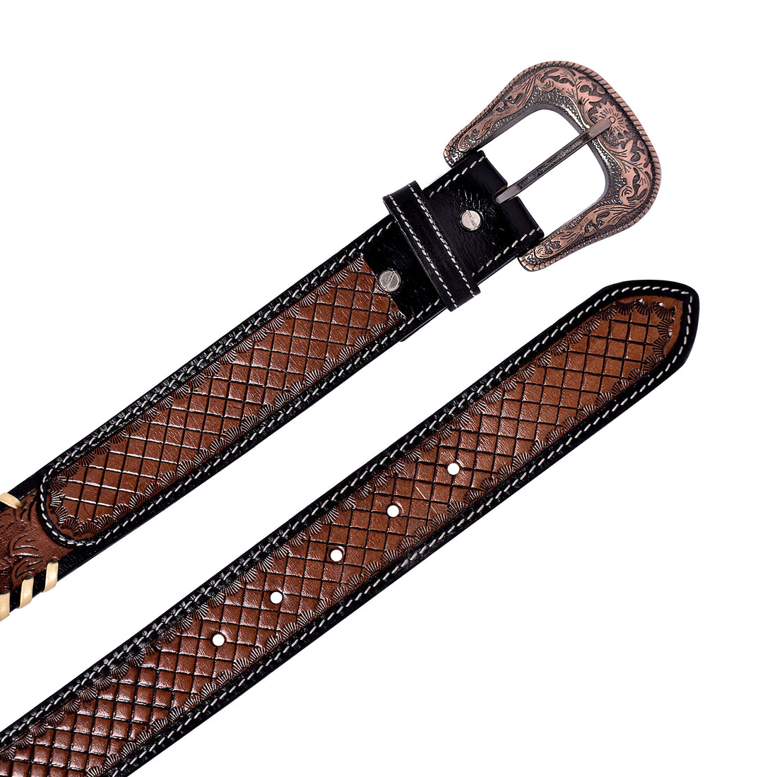 Hemener Men Engraved Metal Buckle Dark Brown Genuine Leather Belt