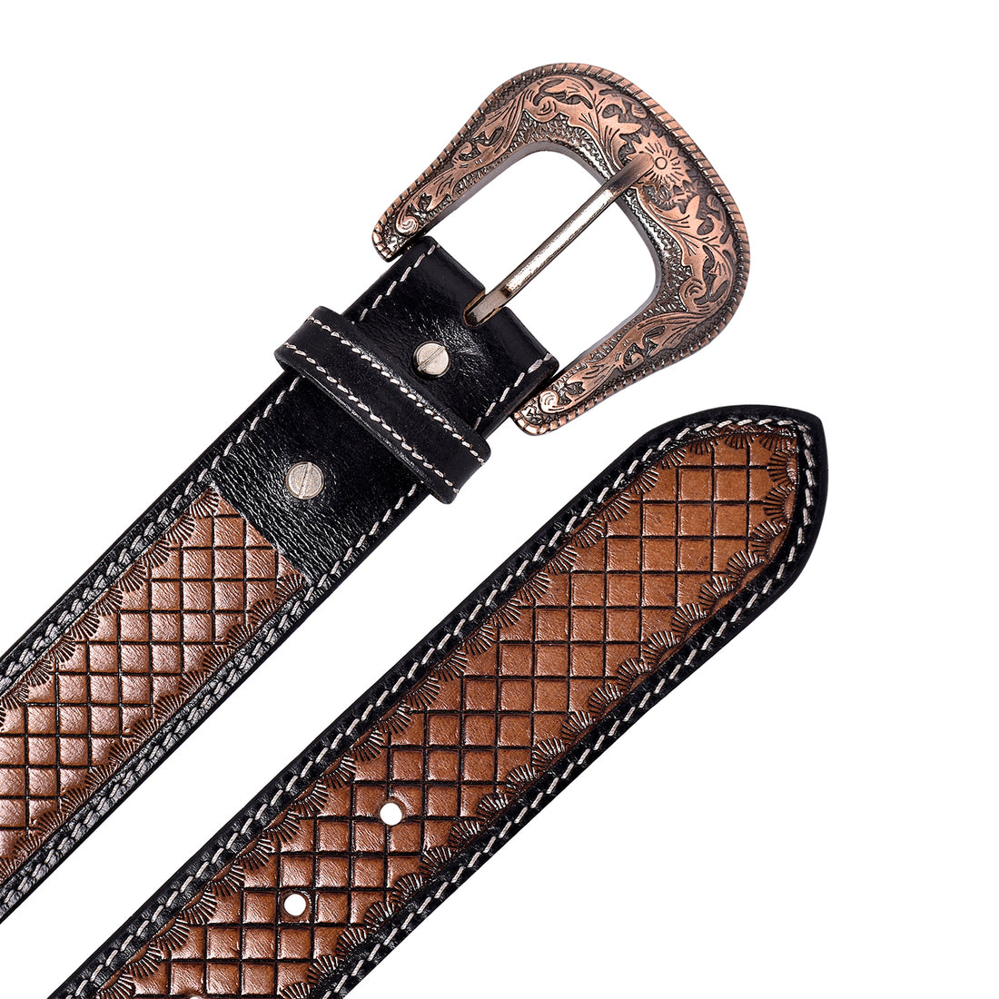 Hemener Men Engraved Metal Buckle Dark Brown Genuine Leather Belt