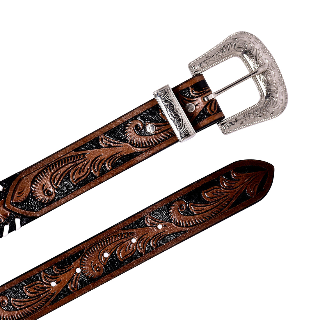 Hemener Men Engraved Metal Buckle Dark Brown Genuine Leather Belt