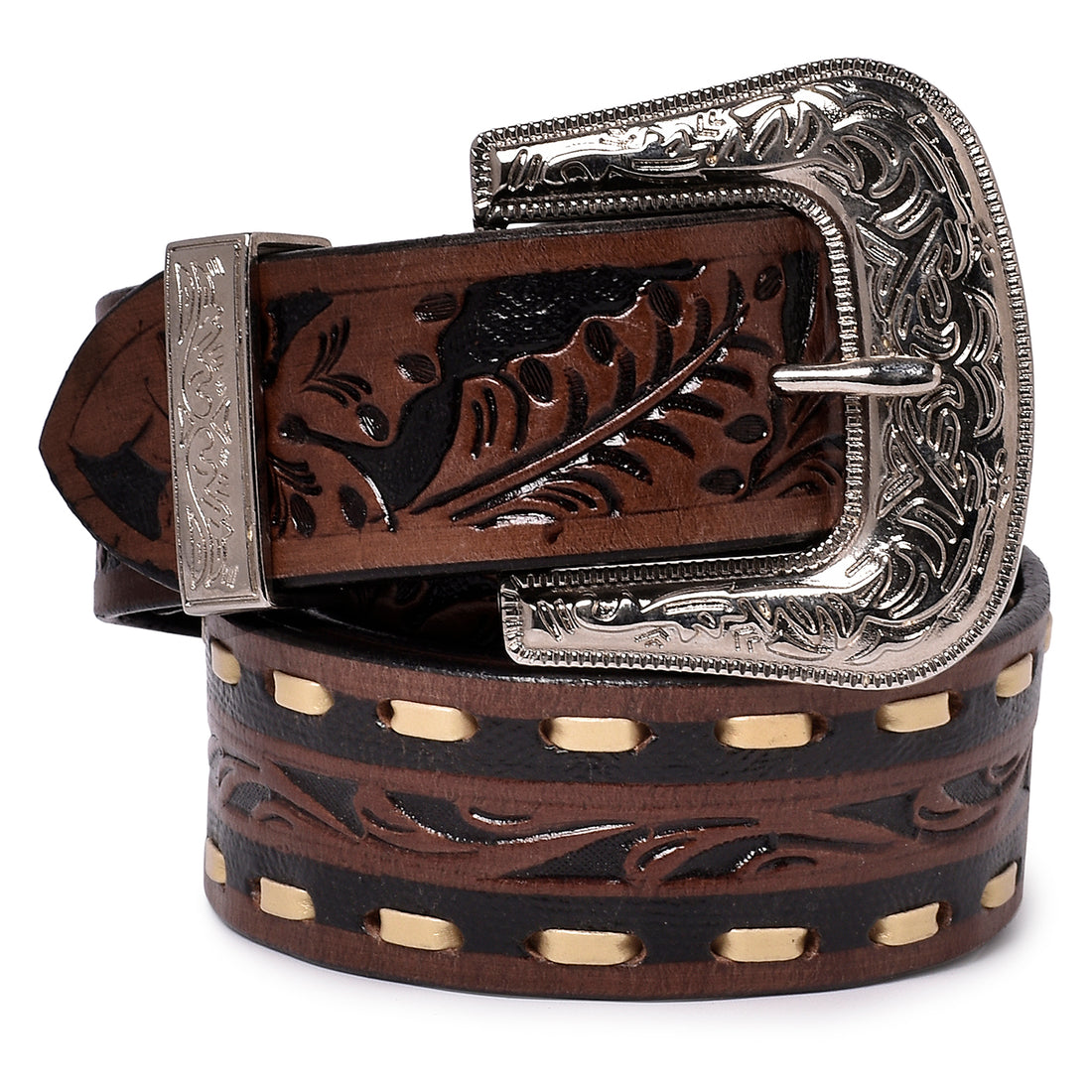 Hemener Men Engraved Metal Buckle Dark Brown Genuine Leather Belt