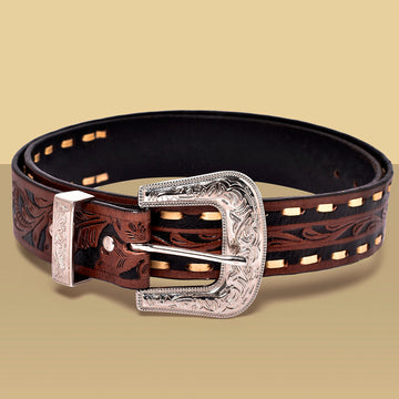 Hemener Men Engraved Metal Buckle Dark Brown Genuine Leather Belt