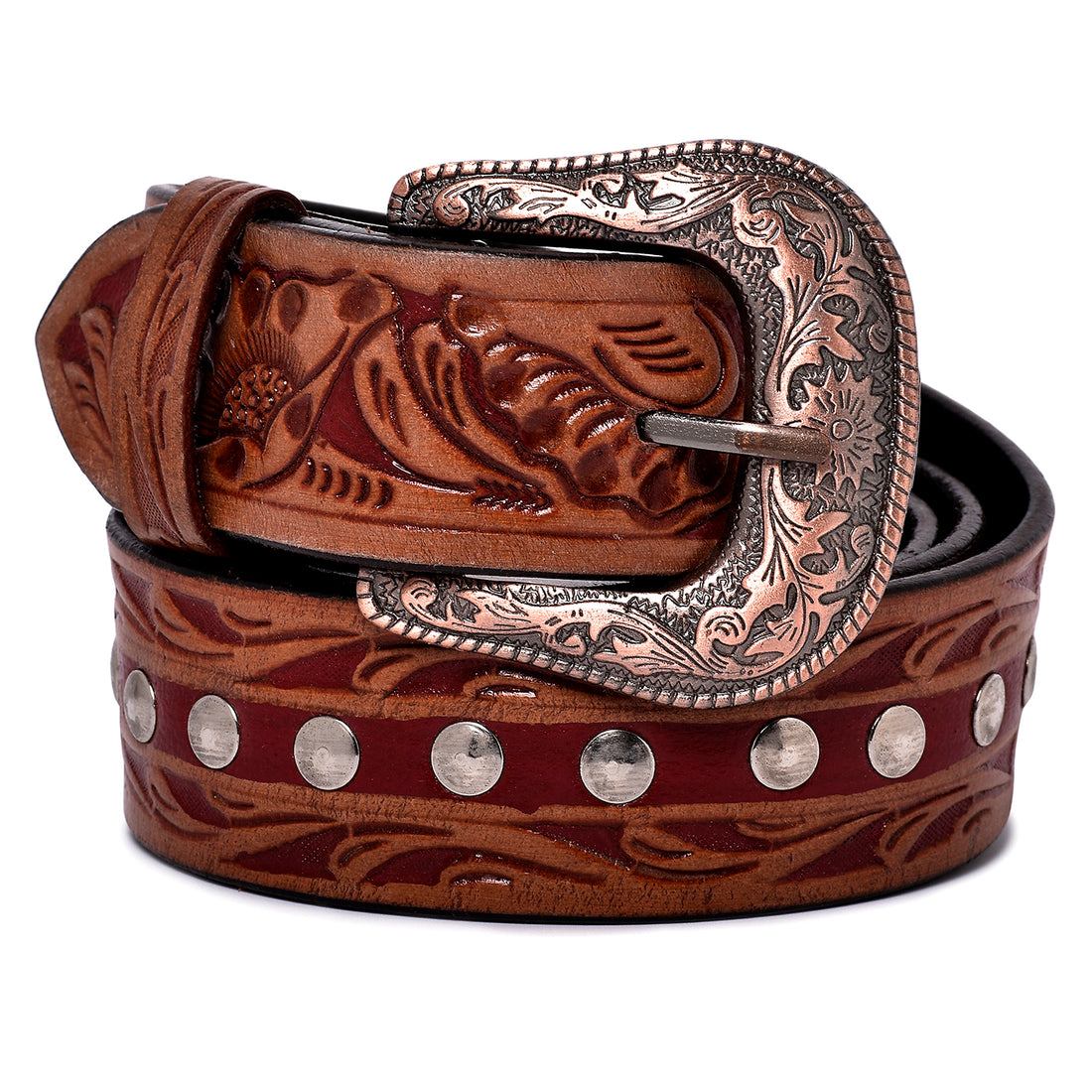 Hemener Men Engraved Metal Buckle Dark Brown Genuine Leather Belt