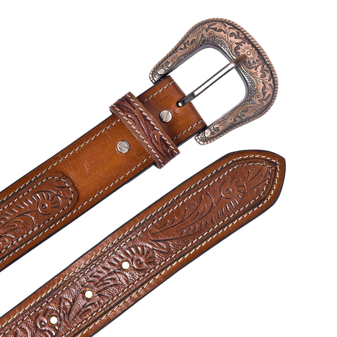 Hemener Men Engraved Metal Buckle Brown Genuine Leather Belt