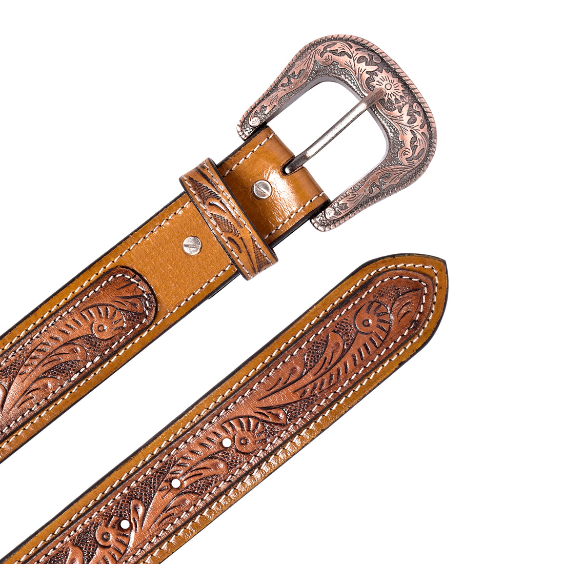 Hemener Men Engraved Metal Buckle Brown Genuine Leather Belt