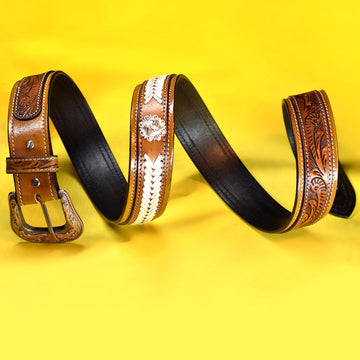 Hemener Men Engraved Metal Buckle Brown Genuine Leather Belt