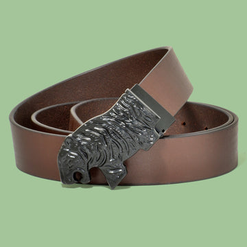 Hemener Men Metal Pin Hole Buckle Dark Brown Genuine Leather Belt