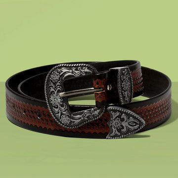 Hemener Men Engraved Metal Buckle Dark Brown Genuine Leather Belt