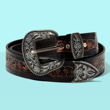 Hemener Men Engraved Metal Buckle Black Genuine Leather Belt