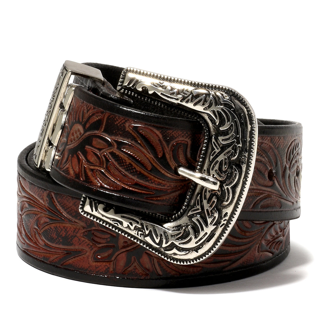 Hemener Men Engraved Metal Buckle Dark Brown Genuine Leather Belt