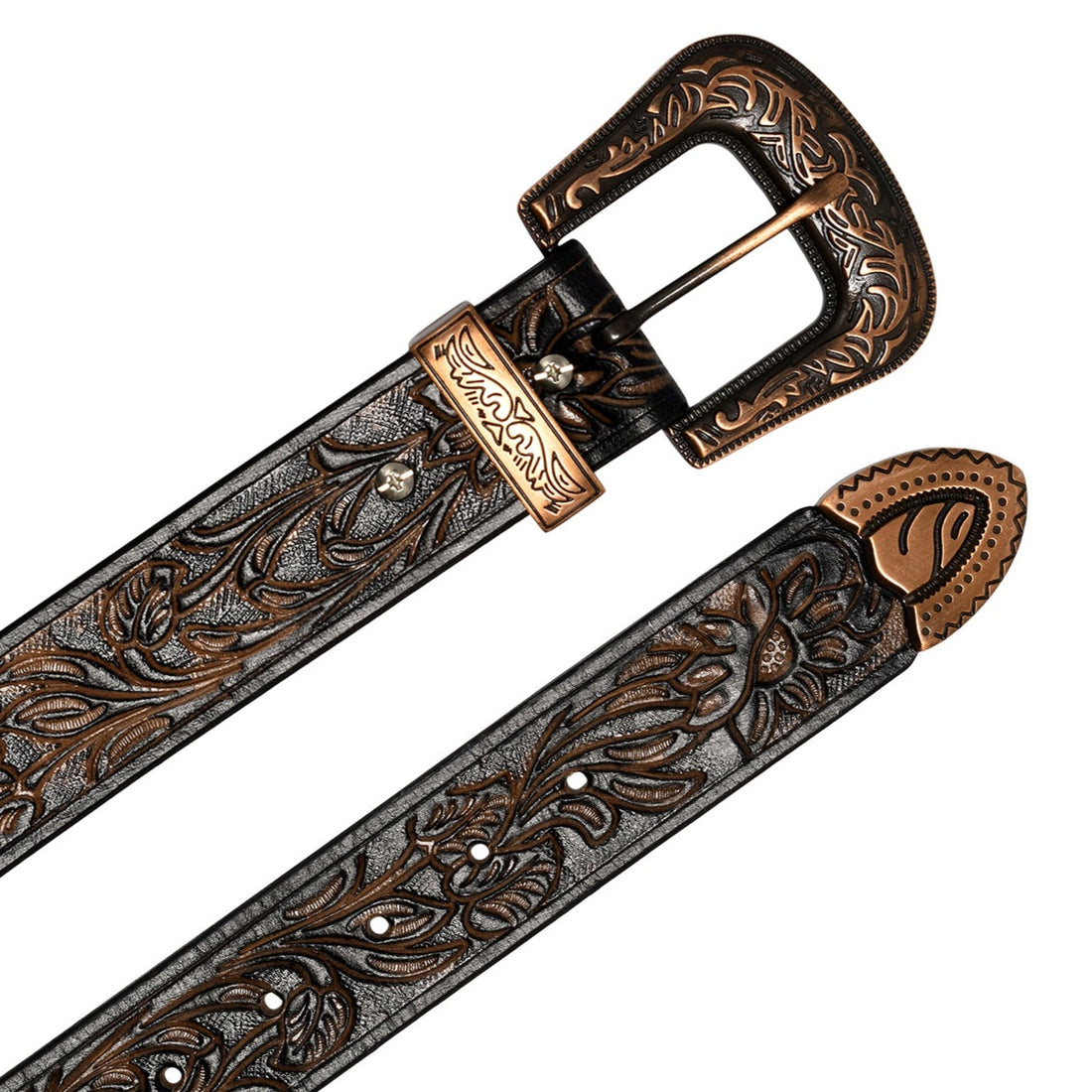 Hemener Men Engraved Metal Buckle Black Genuine Leather Belt