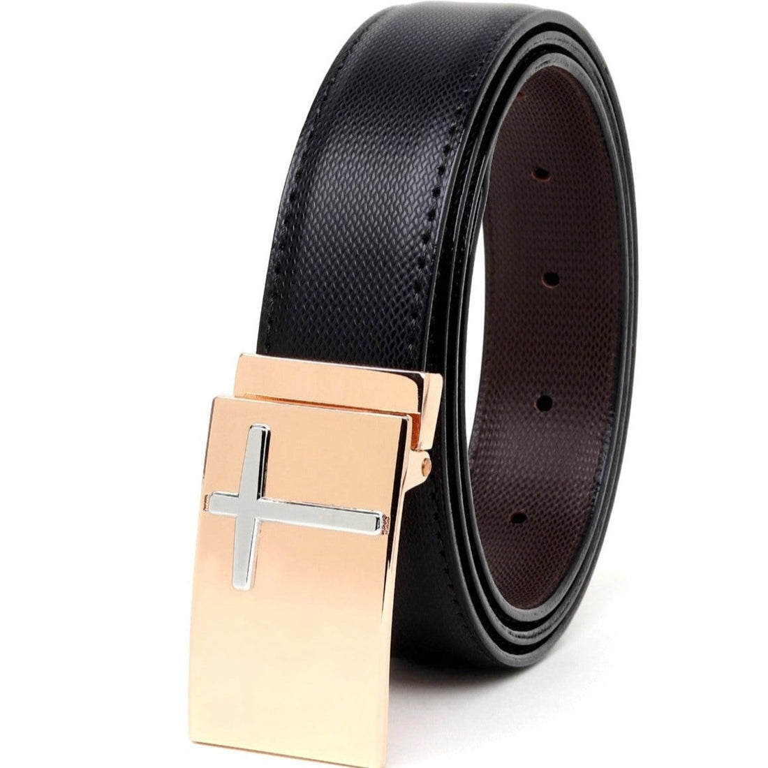 Hemener Men Alloy Buckle Black Dark Brown Reversible Leather Belt