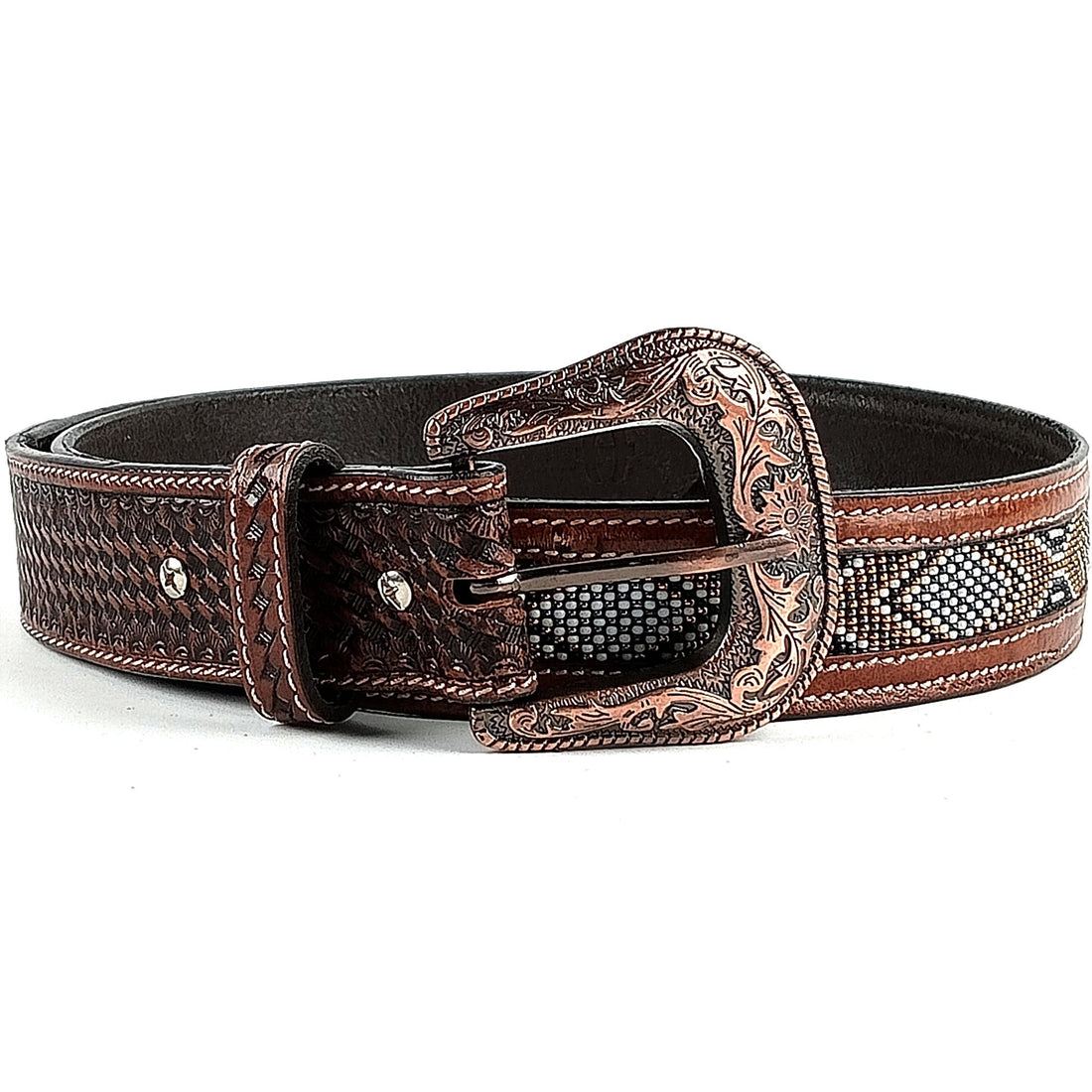 Hemener Men Engraved Metal Buckle Dark Brown Genuine Leather Belt