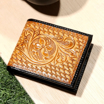 Hemener Men Tan Color Carved Genuine Leather Wallet