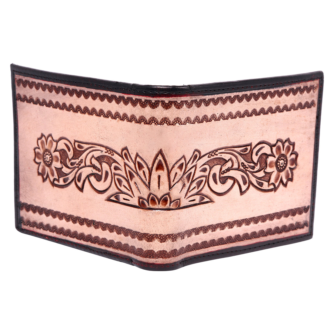 Hemener Men Peach Color Carved Genuine Leather Wallet