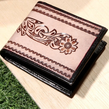 Hemener Men Peach Color Carved Genuine Leather Wallet