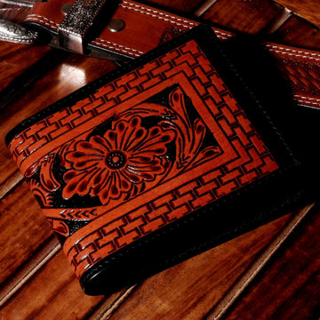 Hemener Men Brown Carved Genuine Leather Wallet