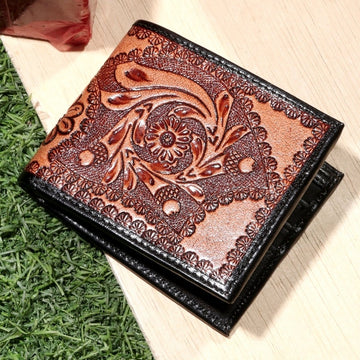 Hemener Men Brown Carved Genuine Leather Wallet