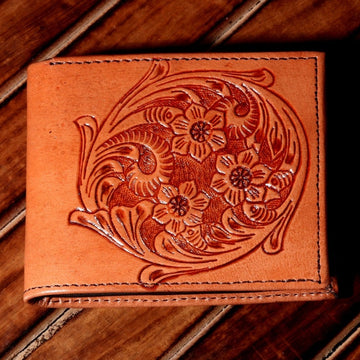 Hemener Men Tan Color Carved Genuine Leather Wallet