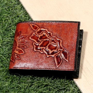 Hemener Men Dark Brown Carved Genuine Leather Wallet