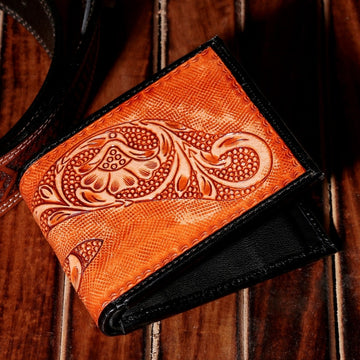 Hemener Men Brown Carved Genuine Leather Wallet