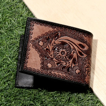 Hemener Men Brown Carved Genuine Leather Wallet