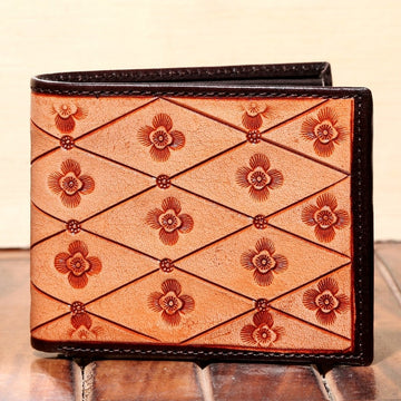 Hemener Men Tan Color Carved Genuine Leather Wallet