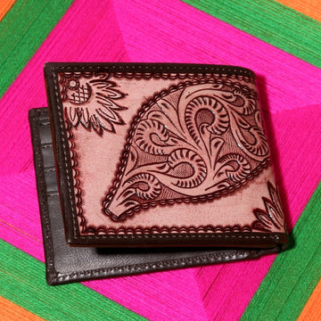 Hemener Men Brown Carved Genuine Leather Wallet