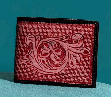 Hemener Men Red Carved Genuine Leather Wallet